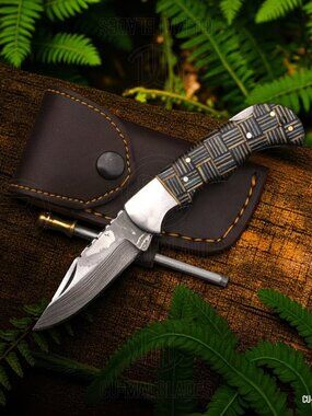 New Handmade Damascus Folding Knife with Leather Sheath